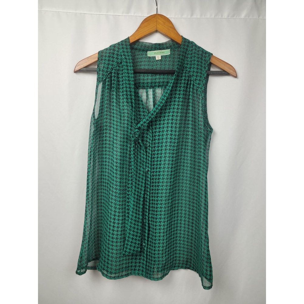 Pleione Women's Sleeveless Green Houndstooth Tie Neck Bow Button up Size XS